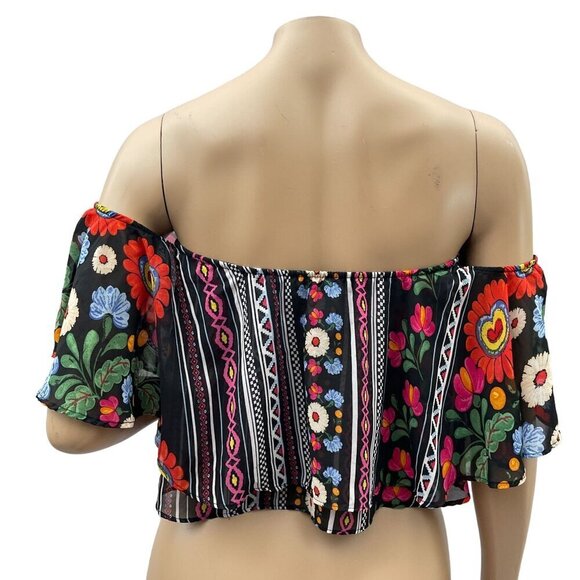 Show Me Your Mumu Boho Floral Off-Shoulder Cropped Flowy Top Black Multicolor M - Picture 4 of 10